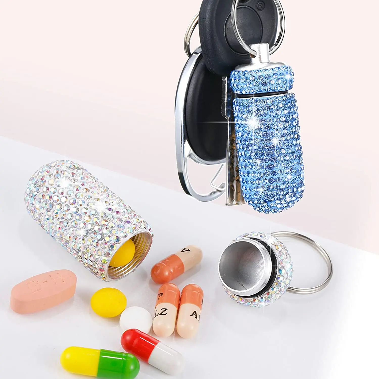 Bling Rhineston Pill Container Portable Pill Bottle Case Waterproof Travel Medicine Box Beautiful Holder Storage with Keychain