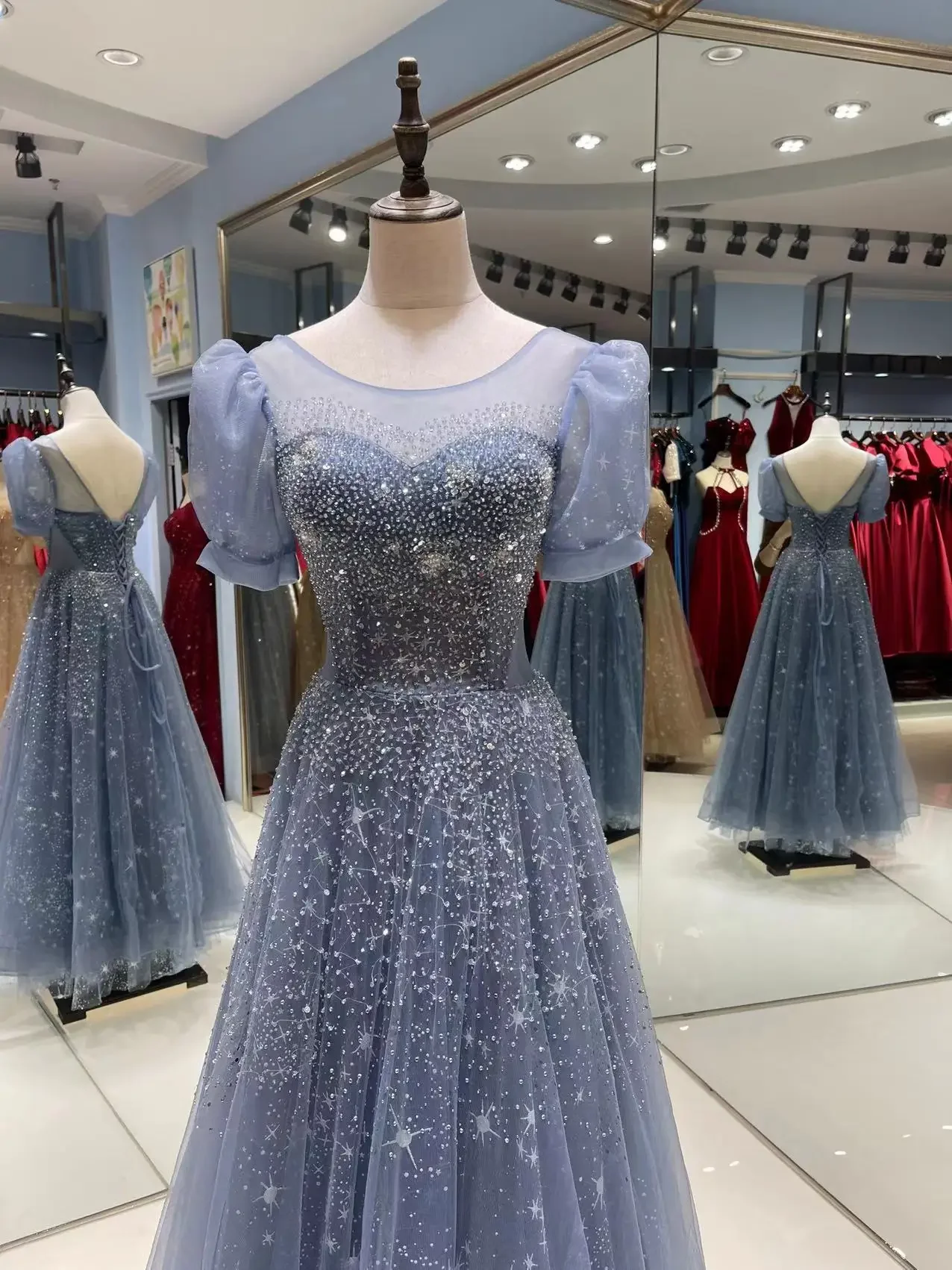Customized Luxury Evening Dress for Women Scoop A-line Puff Sleeve Sequins Beading Long Formal Party Gowns Vestidos De Noche