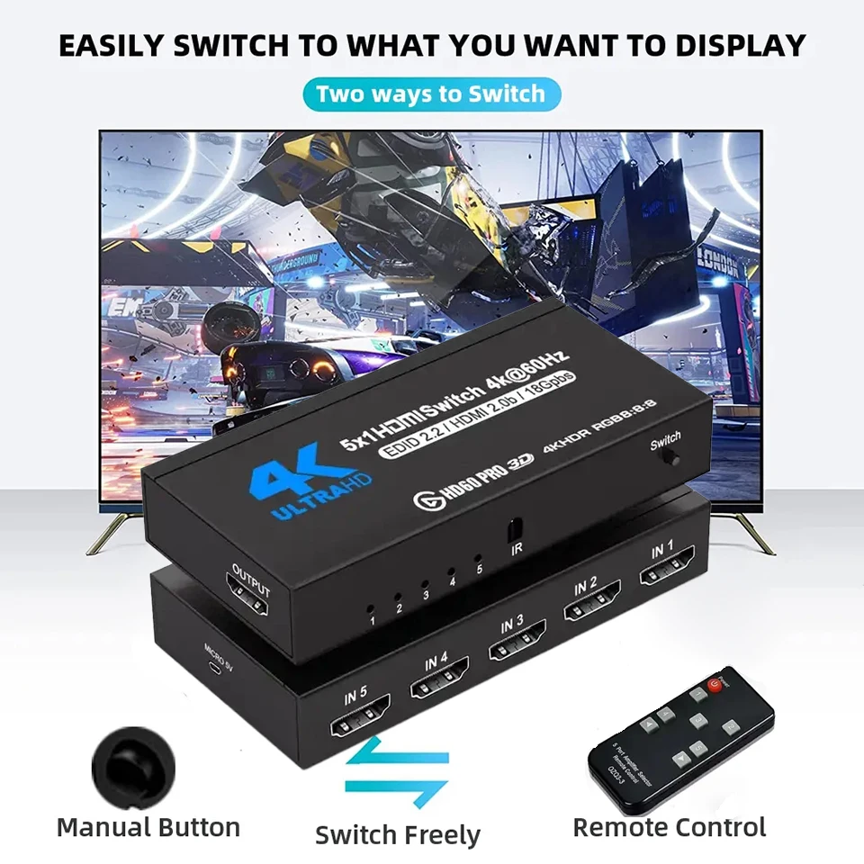 4K HDMI Switch 5port 5 in 1 ou Switch 4K 60Hz Splitter 5 Port Switcher adapter With IR Remote For Xbox Series X PC PS5 Projector