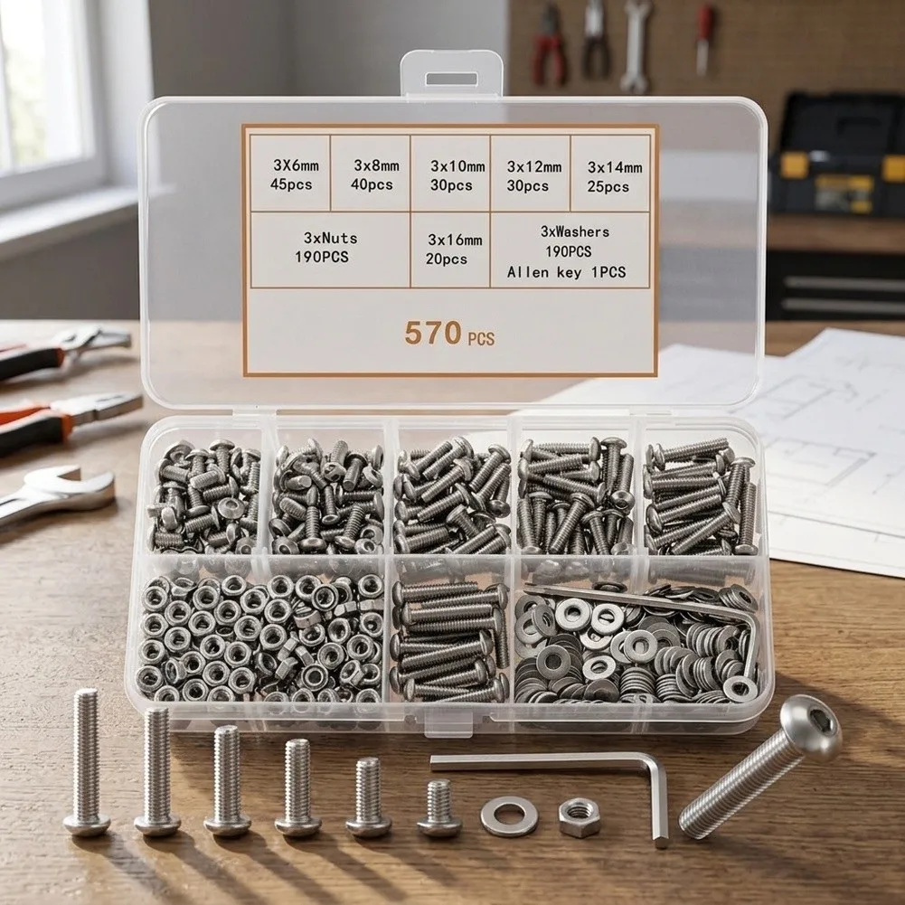 570Pcs Hex Socket Machine Screw And Nut Assortment Kit 304 Stainless Steel Anti-Rust Fastener Set For DIY Furniture Hardware Box