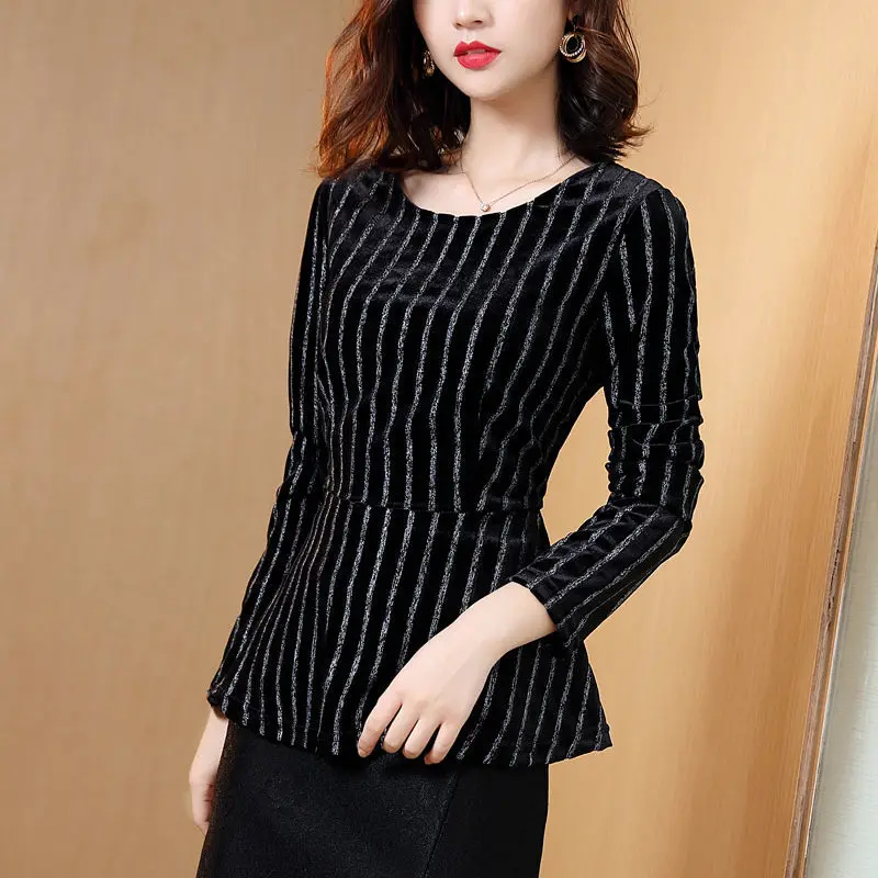 Commute Striped Waist Velvet Pullovers Autumn Winter All-match Long Sleeve Women\'s Clothing Casual O-Neck Korean Slim T-shirt