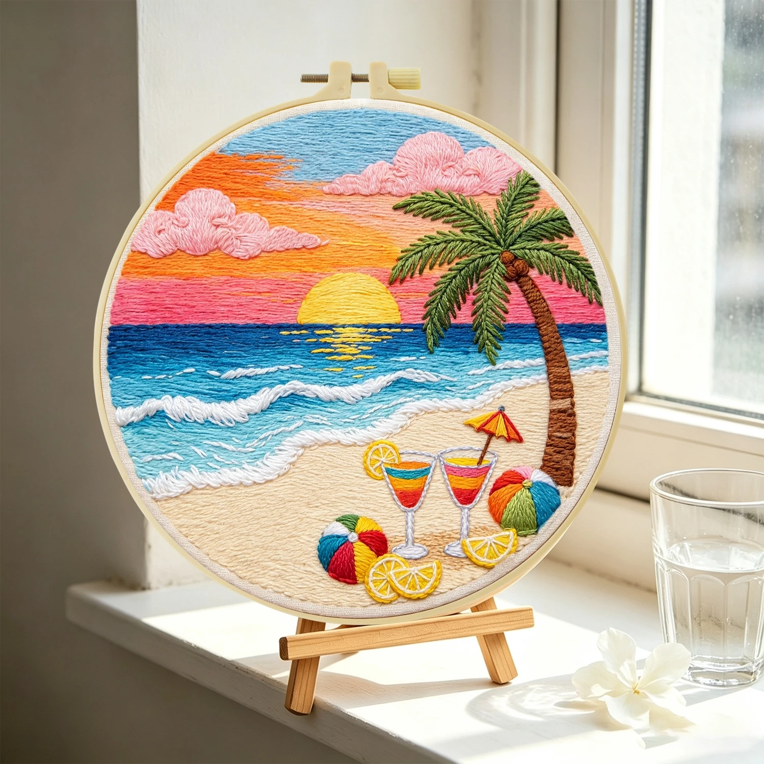 1 Set Strand-Sonnenuntergang-Cocktails DIY-Stickerei-Set für Anfänger, Stickerei-Starter-Kit, Kreuzstich-Kunstgeschenk, Handarbeits-Bastelset – Detail 4