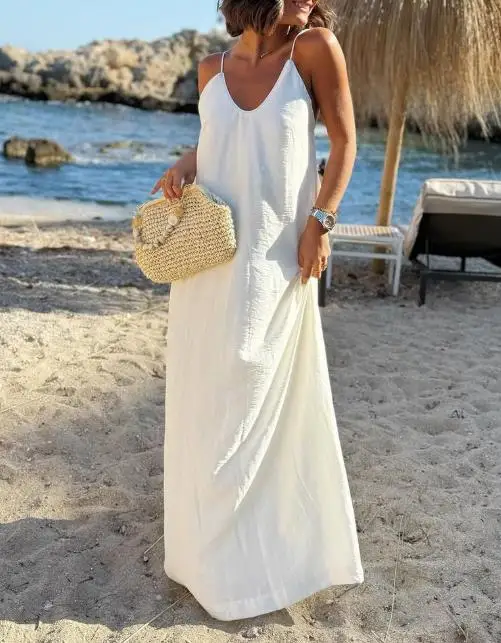 

Womens Dresses 2025 Summer New Solid Color V-Neck Backless Sleeveless Casual Suspender Loose Medium Long Beach Vacation Dress