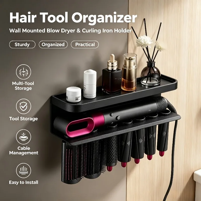 Wall Mount Hair Dryer and Curling Iron Holder, Drill or No Drill Mounting Options, Multifunctional Styling Tool Organizer