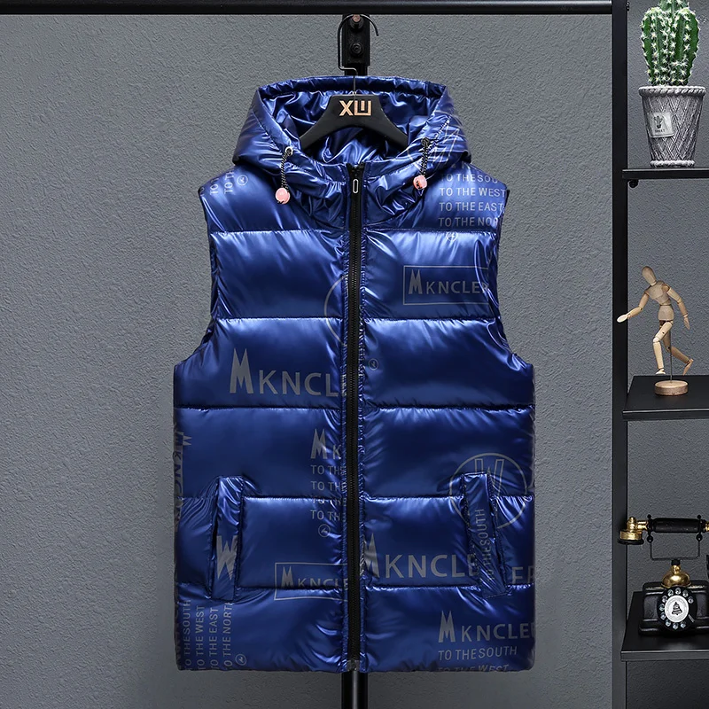 New Winter 2023 Hooded Bright Vest Men Casual Thicken Waterproof Warm Big Pockets Sleeveless Parka Thick Waistcoat Size 4XL