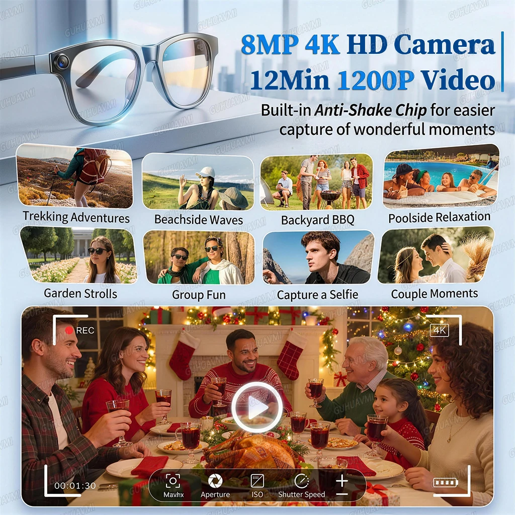 New 8MP 1200P HD Camera AI Glasses Men 32G Memory Photos&Video 3600mAh Power Bank 160+Translation ChatGPT Music Sunglasses Women