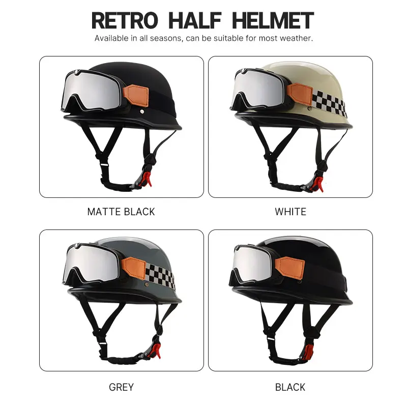 Capacete de segurança de fibra de vidro para motocicleta, moto, scooter ciclomotor, capacetes de meia face homens, meia concha com óculos