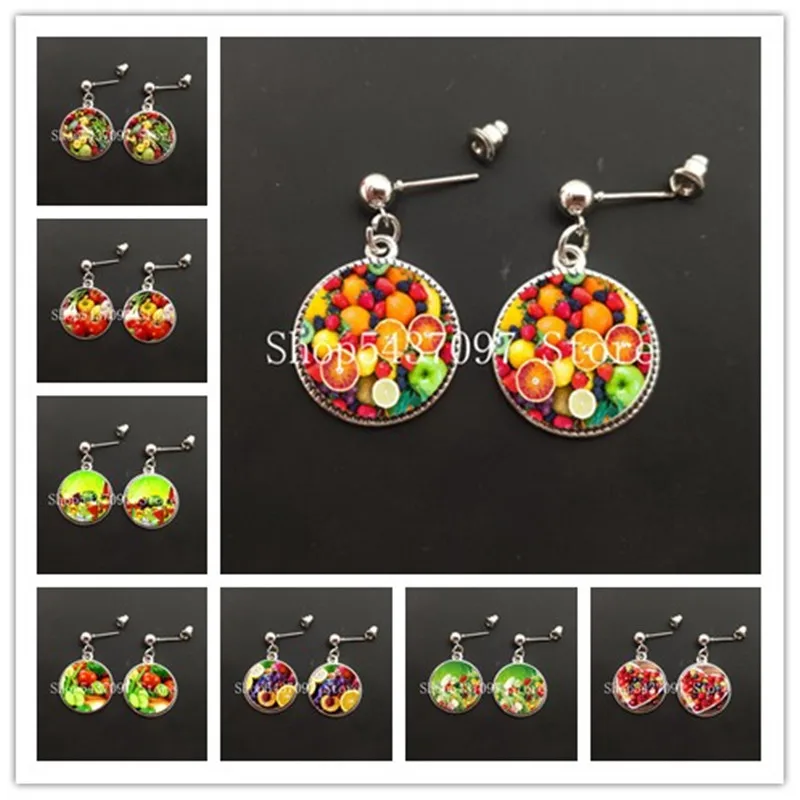 Cute fruit and vegetable ladies earrings strawberry banana lemon girl glass pendant earrings women's wholesale jewelry