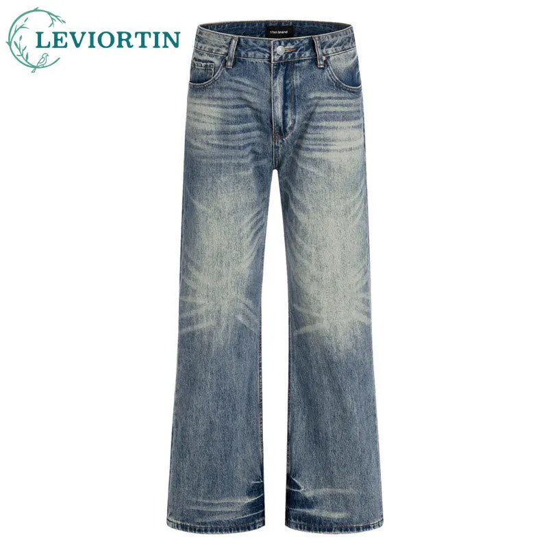 بنطال جينز رجالي للربيع والخريف عصري أمريكي كلاسيكي فضفاض غير رسمي مصنوع يدويًا، مغسول، مستقيم الساق من قماش الدنيم #1