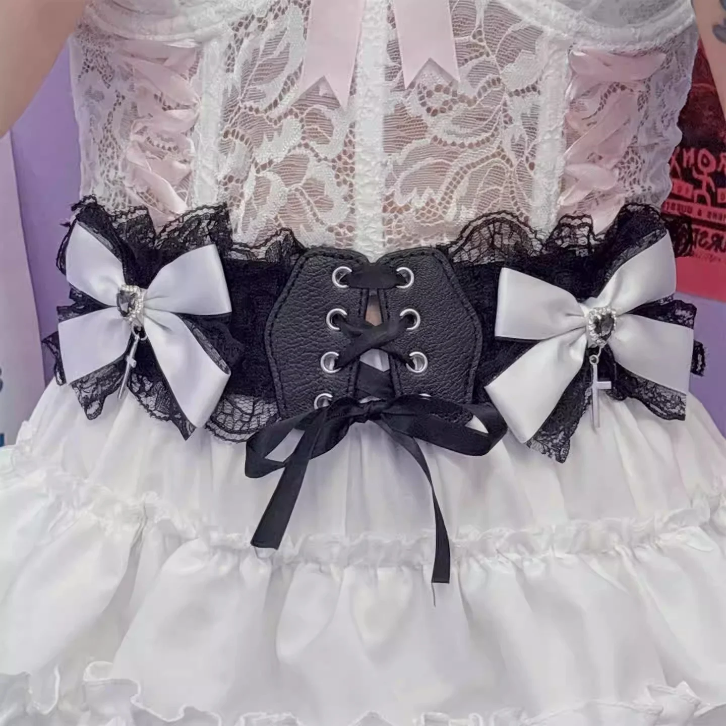 새로운 수제 Y2K 스파이스 걸 코르셋 서브 컬쳐 Bowknot 레이스 보우 벨트 로리타 하라주쿠 스위트 걸 양복 조끼 액세서리