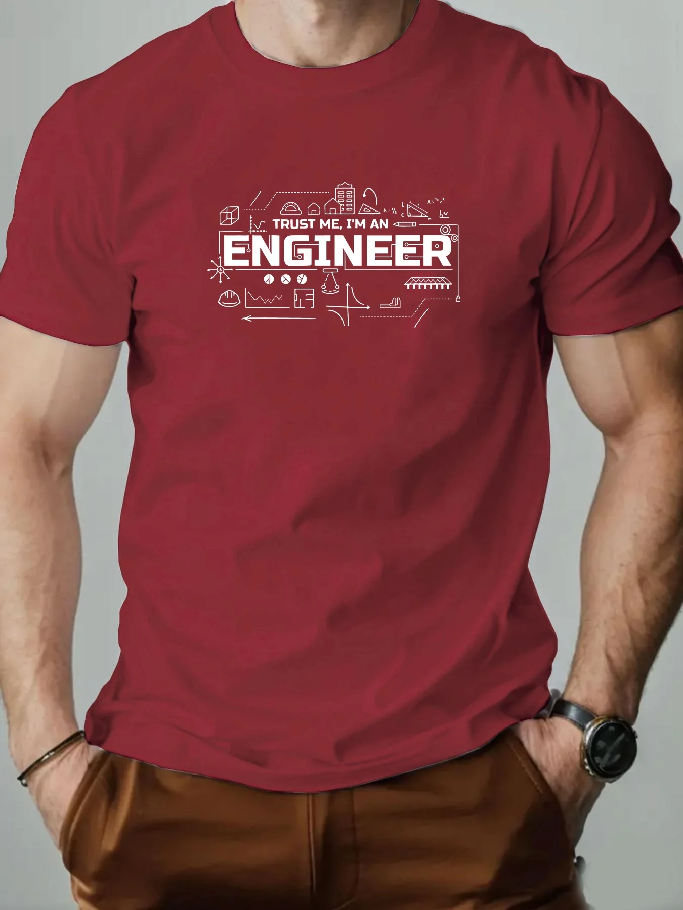 Men's Summer 100% Pure Cotton Fashionable Casual Sports Loose Fashion Engineer Pattern Printed Round Neck Short-Sleeved T-Shirt