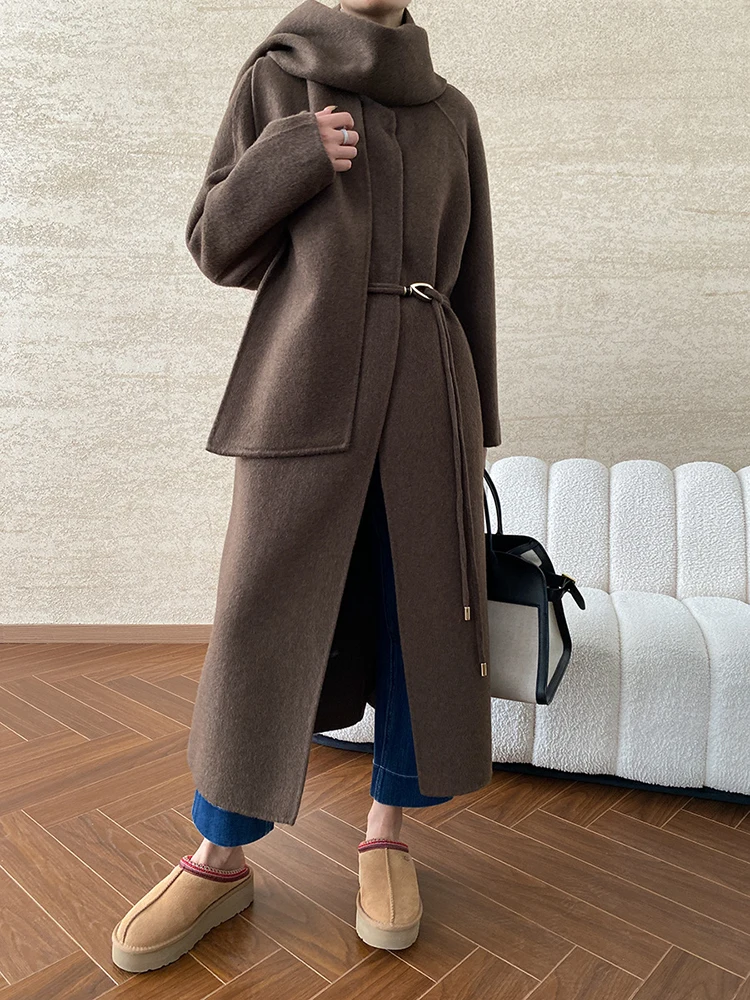 ZOCI With Scarf Women's Double-face Woolen Coats Collarless Solid Color Female Fashion Long Coat Office Lady Old Money Aesthetic