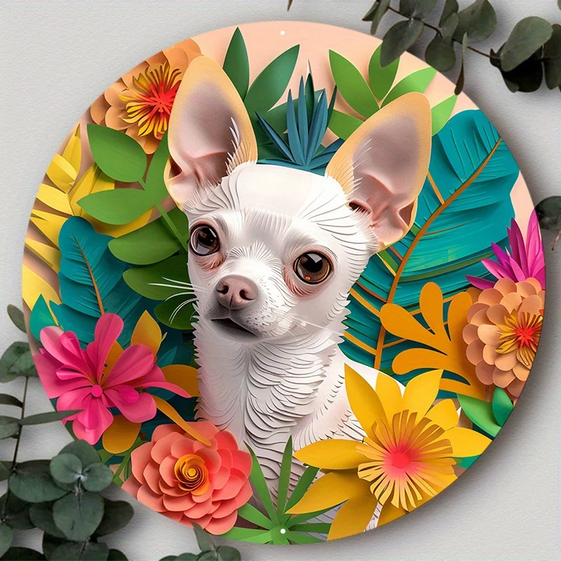 

Cute Dog Gift Round Aluminum Metal Sign Mask Theme Art Decorative Plates for Office Home Cafe Club Bar Yard Wall Decor