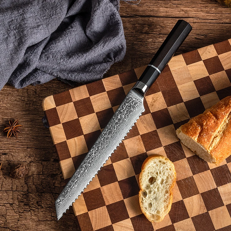 

8 Inch Bread Knife 67 Layers Damascus Steel VG10 Serrated Blade Ebony Handle Sharp Chef Steak Barbecue Cleaver Kitchen Knives