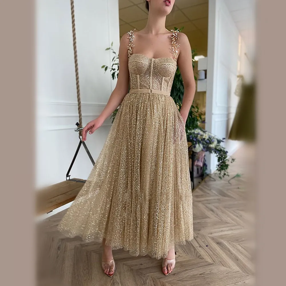 Gold Glitter Tulle Prom Dresses Beaded Straps Tea-Length Prom Gowns Pockets A-Line Short Formal Party Dresses Plus Size