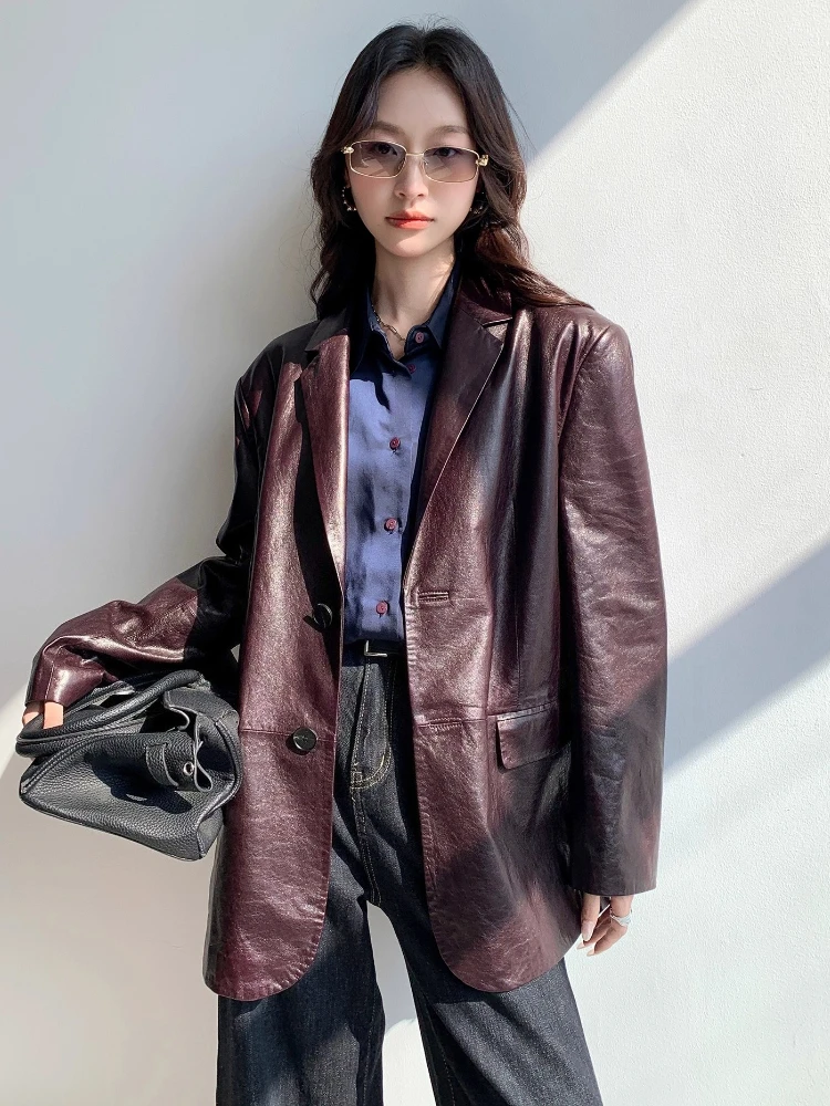 Vestes Blazer décontractées en cuir véritable pour femmes, nouveau manteau haut de gamme Simple, solide, cire d'huile douce, en peau de mouton véritable, printemps automne 2025