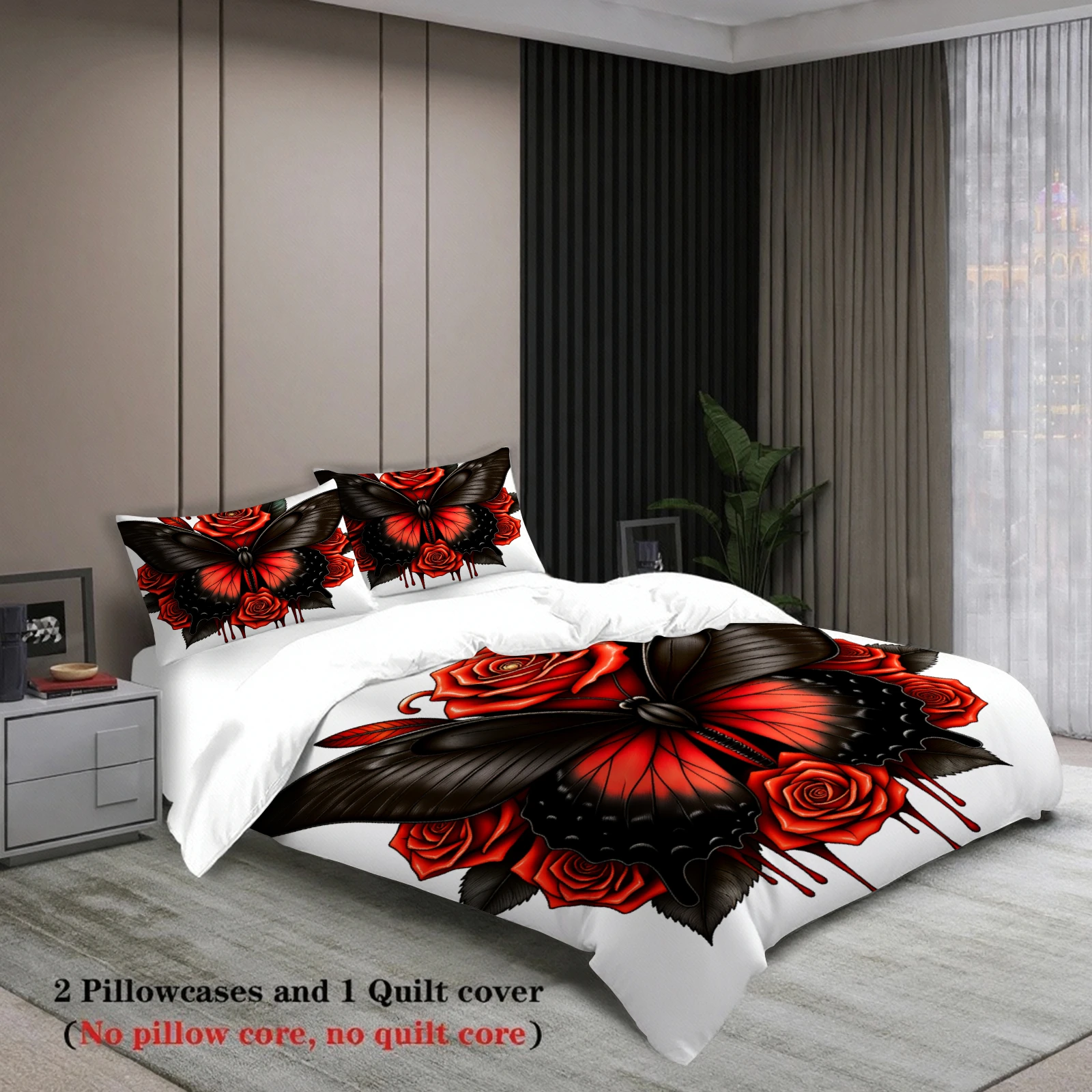 3pcs Butterfly And Rose Bedding Sets 3D Printed Red Flower Pattern Duvet Cover Sets With Pillowcases No Filling