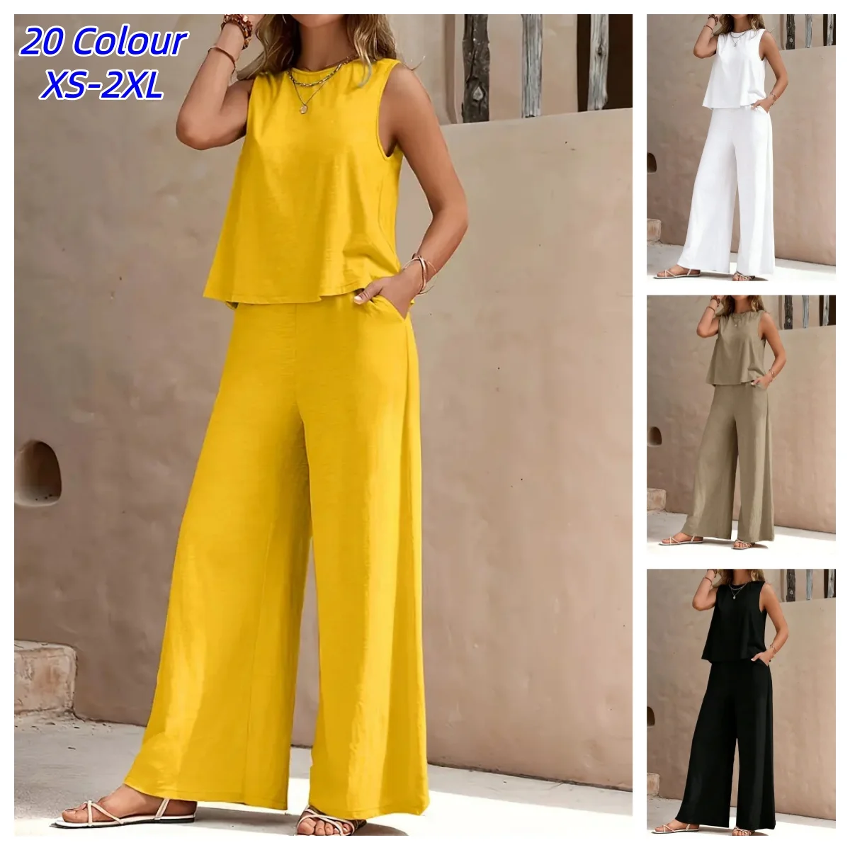 Damen Ärmelloses Oberteil und Hose Zweiteiliges Set Mode Einfarbiges Zweiteiler-Set Rundhals-Top Hosenanzug Freizeitset Urlaub