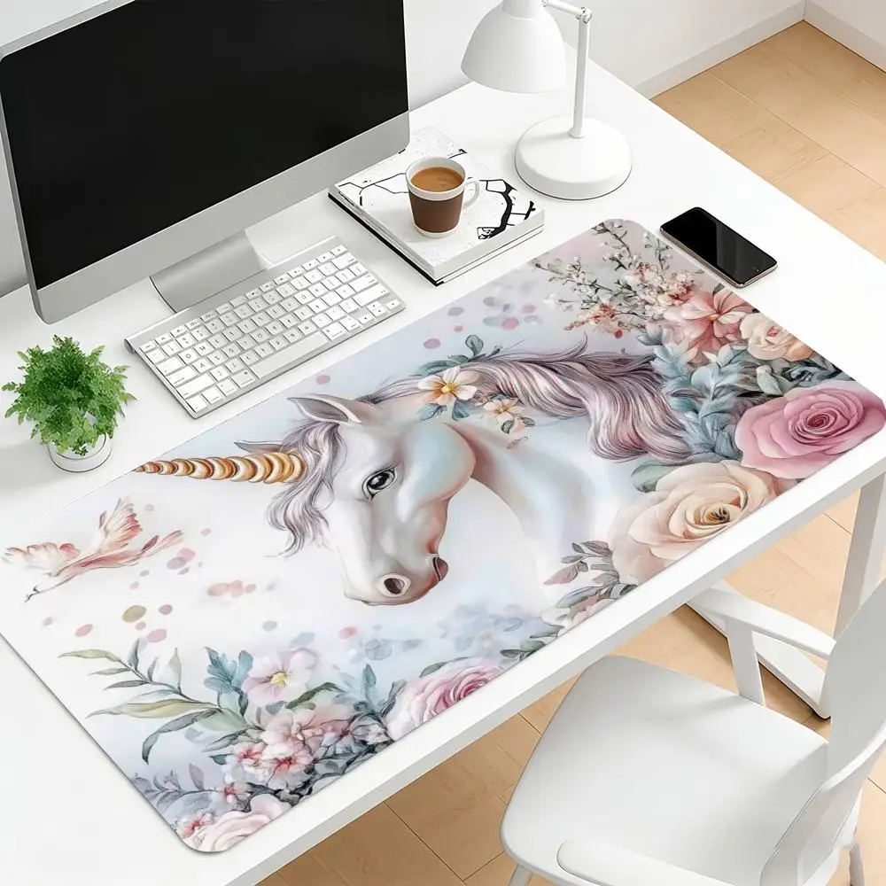 Gaming Mouse Pad Floral White Horse Large Desk Mat Non Slip Rubber Lock Edge Extended Keyboard Computer Laptop Office Game