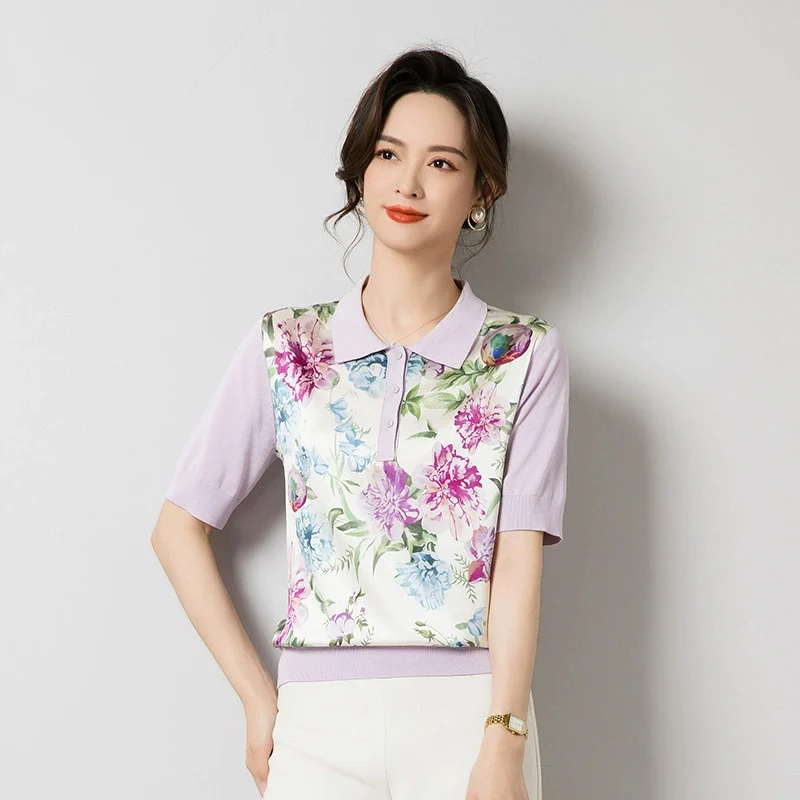 Birdsky, 1PC Women sweater outwear pullover top short sleeve 90% mulberry silk 10% spandex flower print, S-1039