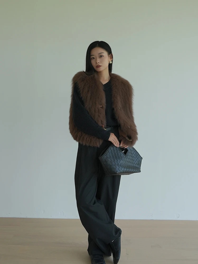 

Fur ort Vest Jaet Women's Crt Leather Fur Inteated Autumn Winter New Sle Hepburn Glance Brand Commute Sle V-Ne