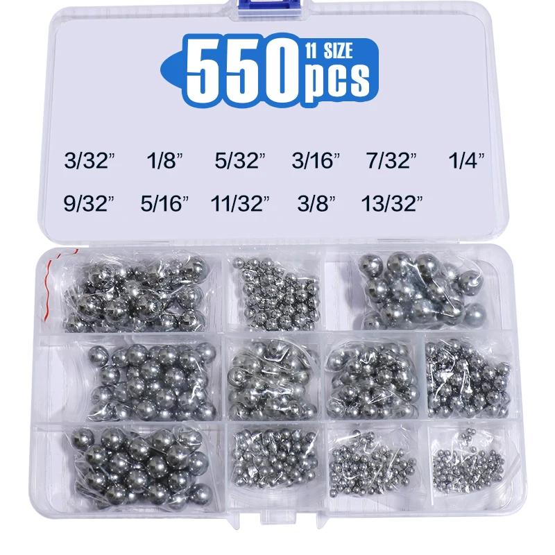 500Pcs 11 Size 3/32''-13/32'' SAE Precision Chrome Steel Assorted Loose Bicycle Bearing Ball Assortment Kit L(SAE)