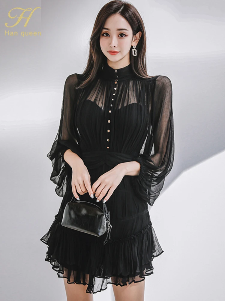 H Han Queen 2024 Spring New In Dresses Elegant And Pretty Vintage Black Short Dress Women Simple Chiffon Casual Party Vestidos