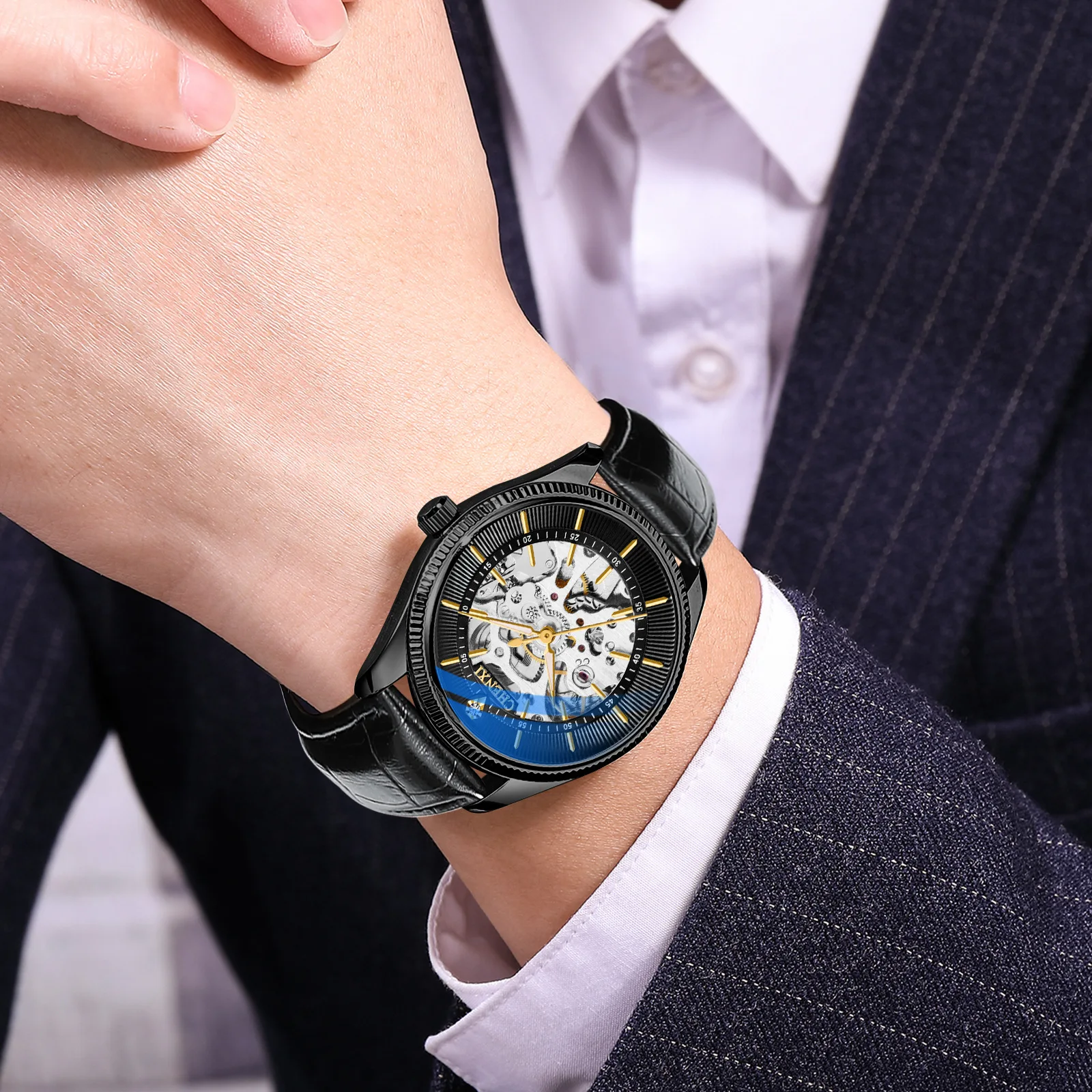 Trendy Automatic Mechanical Watch Men's Waterproof Simple Business Belt Mechanical Watch
