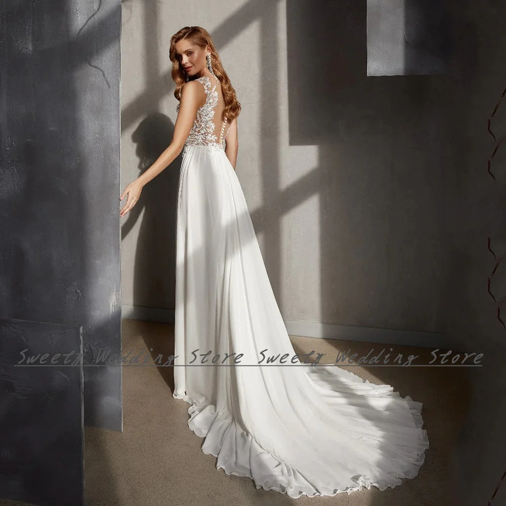 فستان زفاف شيفون صيفي من Jiayigong بكتف رقبة على شكل V شفاف مزين بفتحة جانبية فستان زفاف للنساء 2023