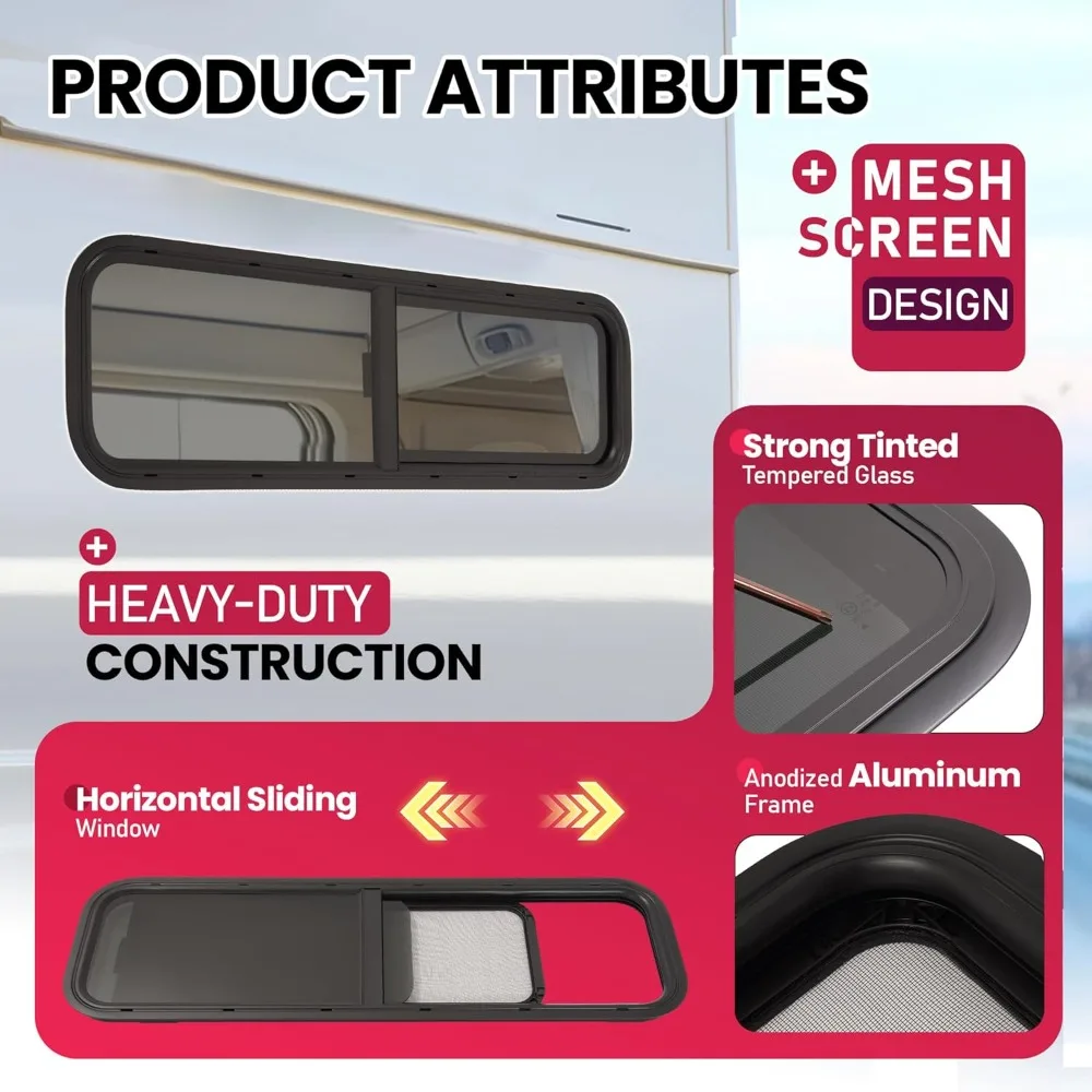 نافذة منزلق أفقية RV عالمية مع حلقة تقليم، 42 عريضة × 12 عالية، نافذة جانبية للشاشة الصافية لمقطورات الدمعة، المعسكر، V #3