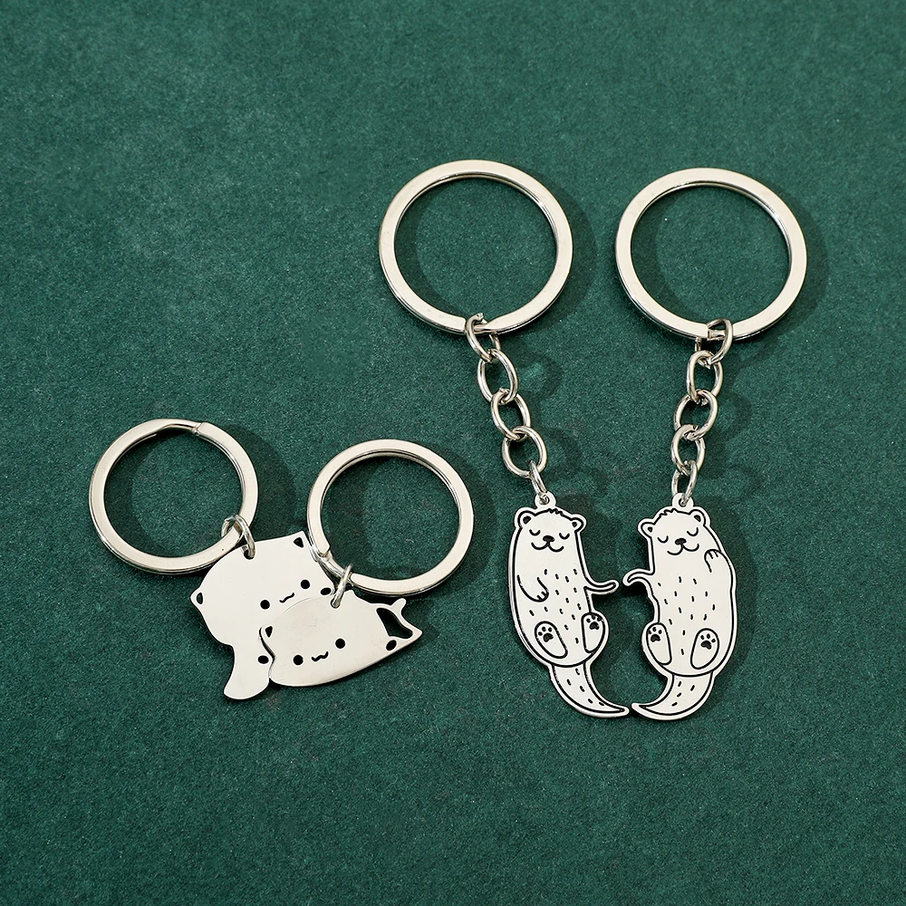 Cute Cartoon Cat Keychain Couple Lovers Stainless Steel Matching Keyring Lovely Pendant Key Chain Valentine's Day Gift Jewelry