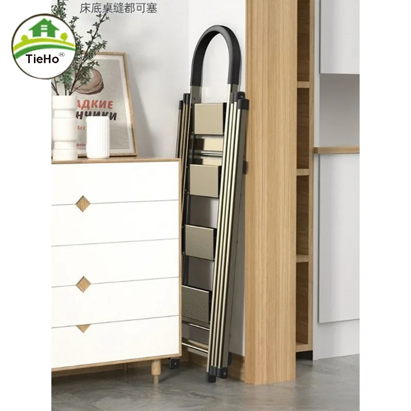 Household Floor Retractable Clothes Hanger Indoor Folding Aluminum Alloy Ladder Thickened Coat Rack Simple Home Furniture Gold