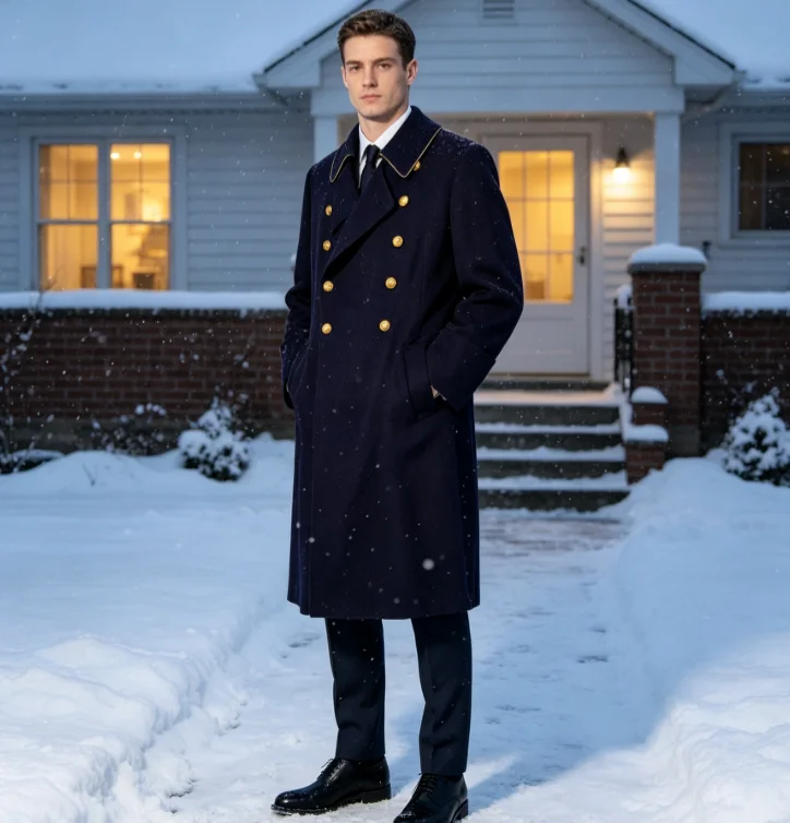 Winter Men Coat Navy Blue Wool Long Blazer Overcoat Lapel Double Breasted Golden Buttons Formal Business Thick Jacket Customized