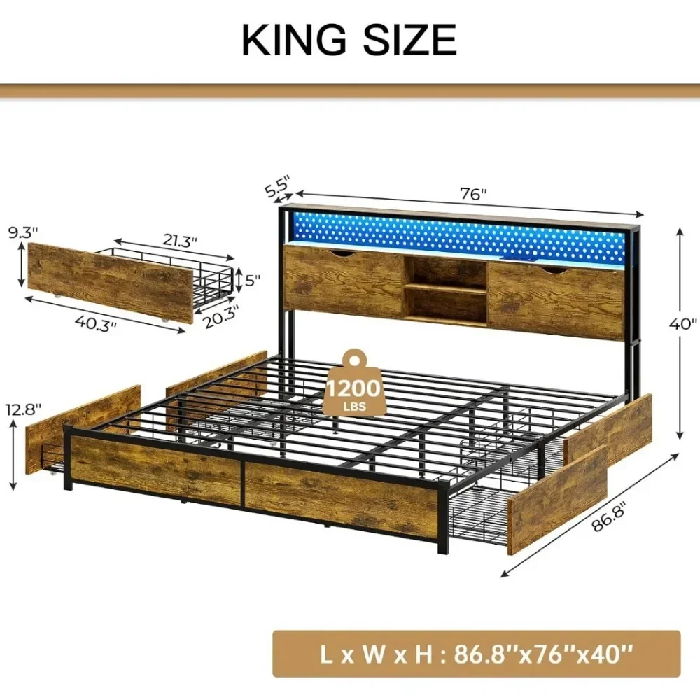 King Size Bed Frame with Storage Drawer, USB Ports & Charging Outlets, Metal  Platform Bed Frame