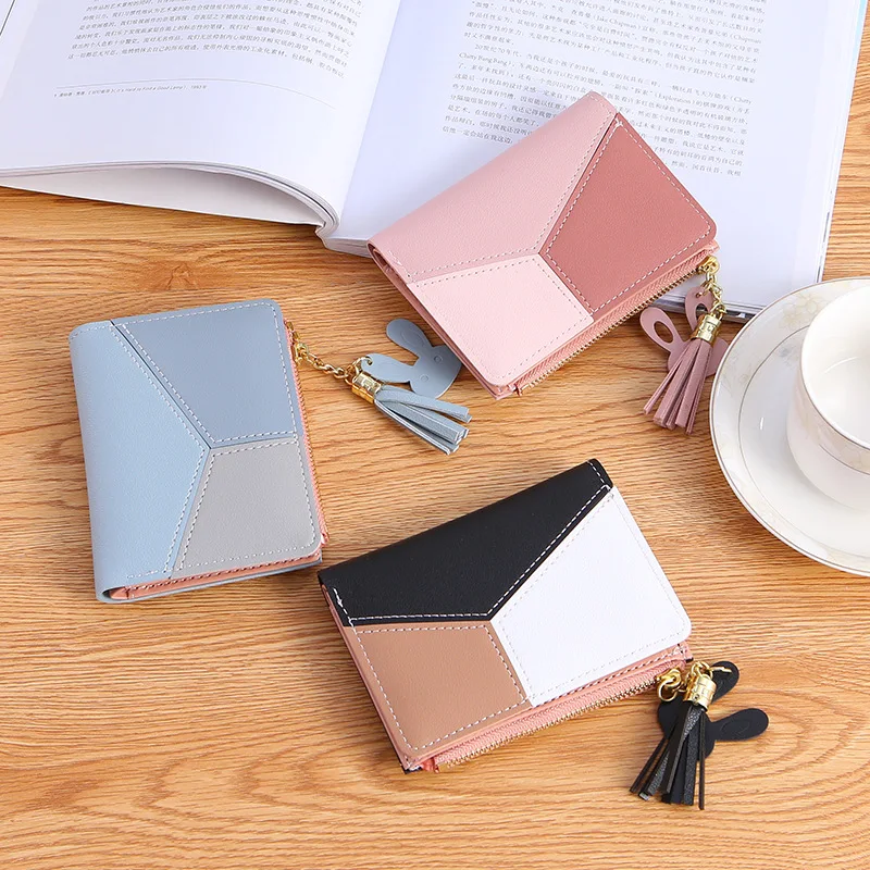 2024 New Short Wallet Women's Folding Zipper Wallet Color Contrast Tassel Clutch Bag Fashion Zero Wallet