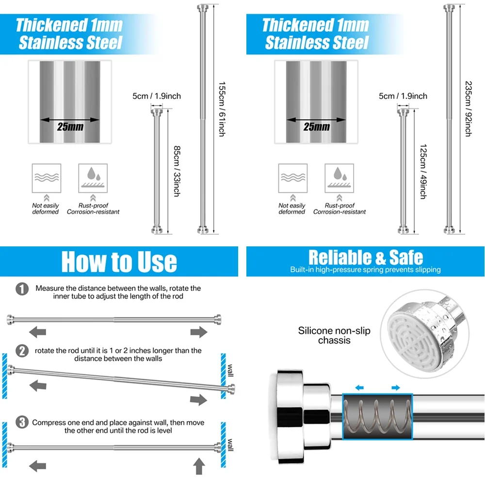 Shower Curtain Poles 55 to 95CM Non-Slip Spring Tension Curtain Rod No Drilling Stainless Steel Curtain Rod For Bathroom Kitchen