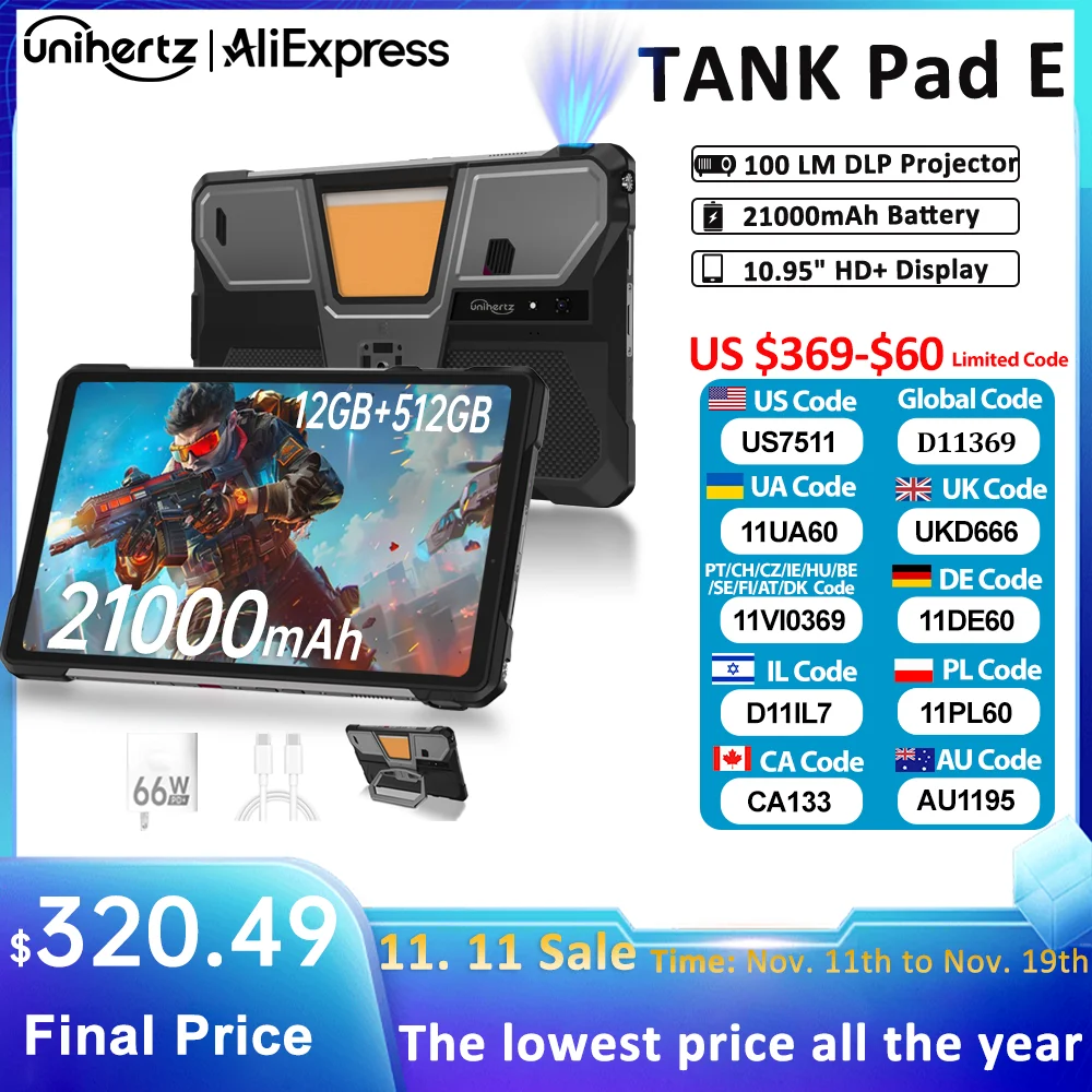 Unihertz 8849 TANK PAD E Rugged Projector Tablet Smartphone 10.95 inch 120Hz 24GB 512GB Phone 21000mAh 32MP+50MP 66W Tablet