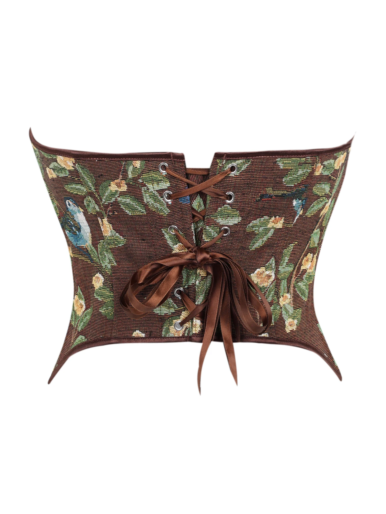 Women's Vintage Corset Bird Floral Tapestry Jacquard Strapless Back Lace Up Pointed Hem Structured Bustier Top