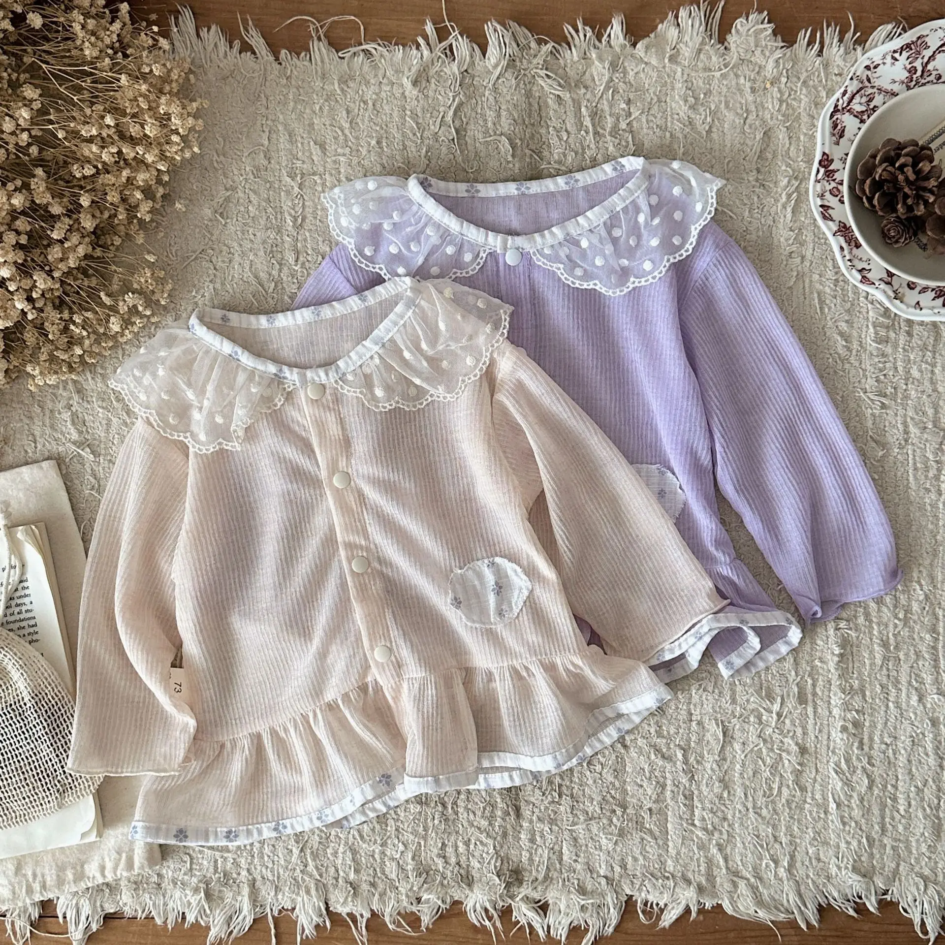 2026 Summer New Baby Girl Long Sleeve Sunscreen Clothing Solid Girls Thin Patch Mesh Collar Cardigan Infant Toddler Clothes