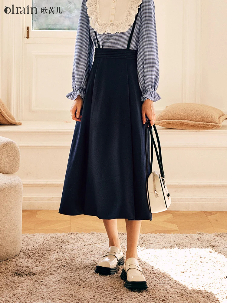

OLrain French Navy Blue Suspender Skirt Women's Autumn And Winter 2022 New High-waisted A-shaped Umbrella Skirt O23CB68122