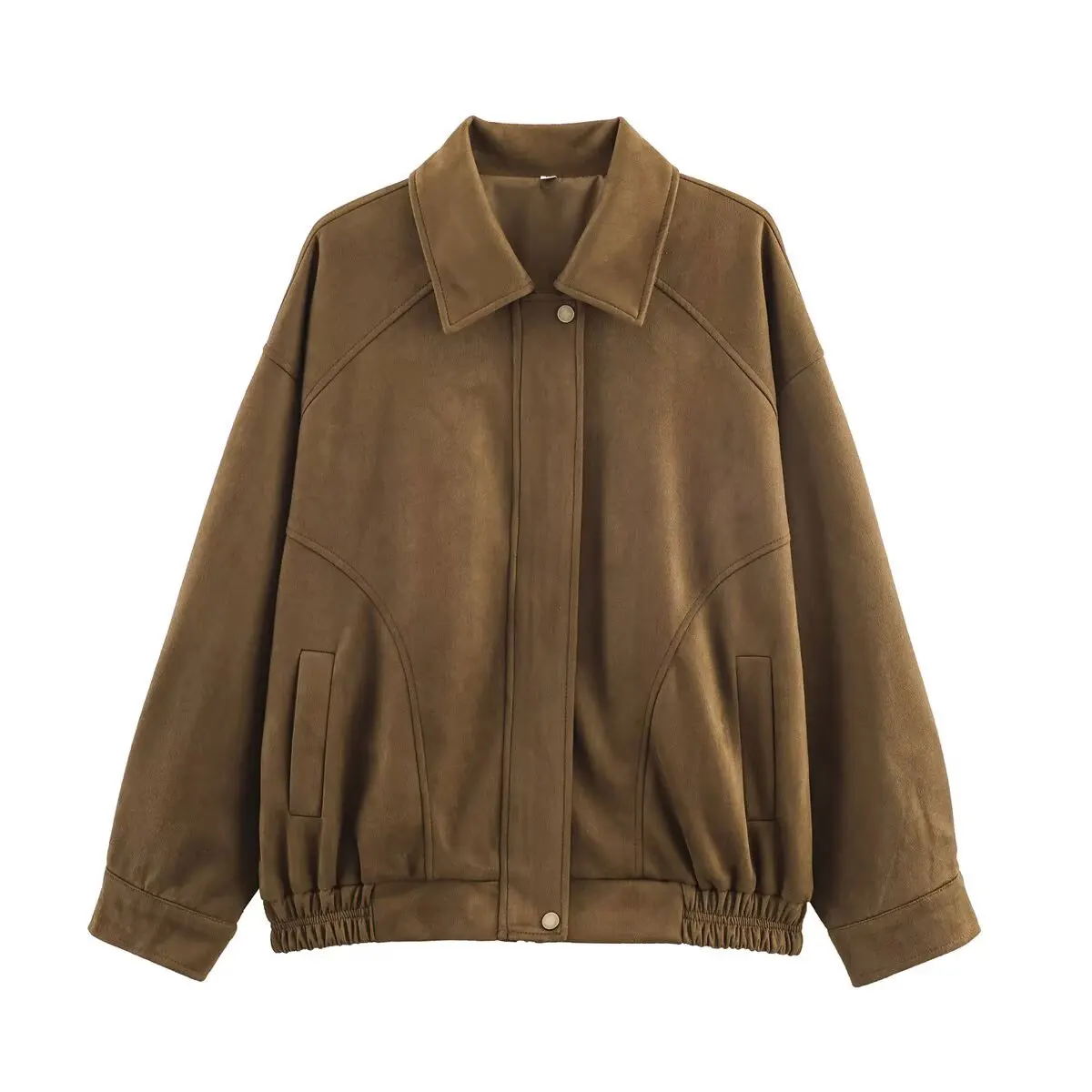 

HH Autumn Solid ColorVintage Lapel Pilot Suede Jacket For Women Long Sleeves With Pockets Zipper Casual Outerwear Stylish Coats