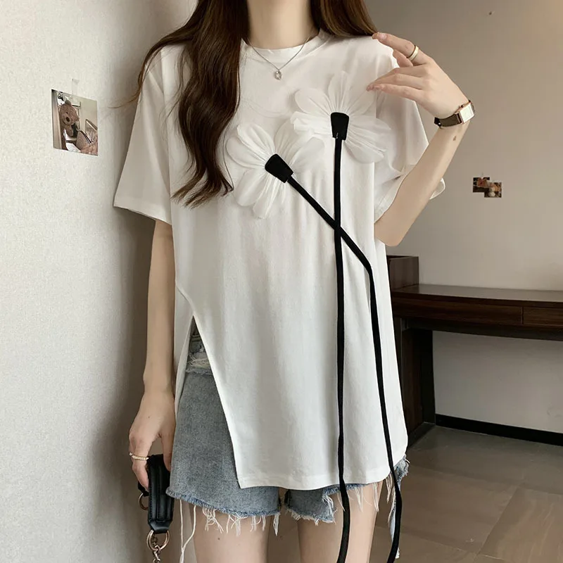 Women Three dimensional Flower Short Sleeve T-shirt Women\'s Summer 2023 New Korean Chic Black Loose O Neck Split Top