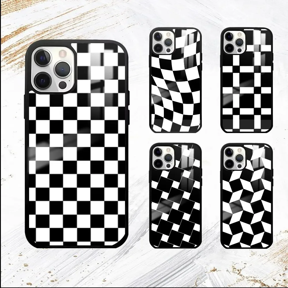 Beautiful cool black and white checkered Phone Case For iPhone 16 15 14 13 12 11 Pro Max Plus Mini PC Mirror Fashion  phone case