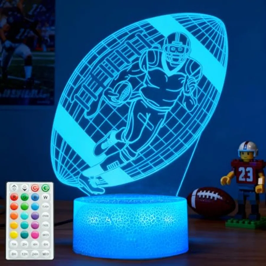 Football Night Light, Football Gifts for Boy, 3D Night Light with Remote Control, RGB s, 4 Flashing Modes, Timer, Dimmable, Roo