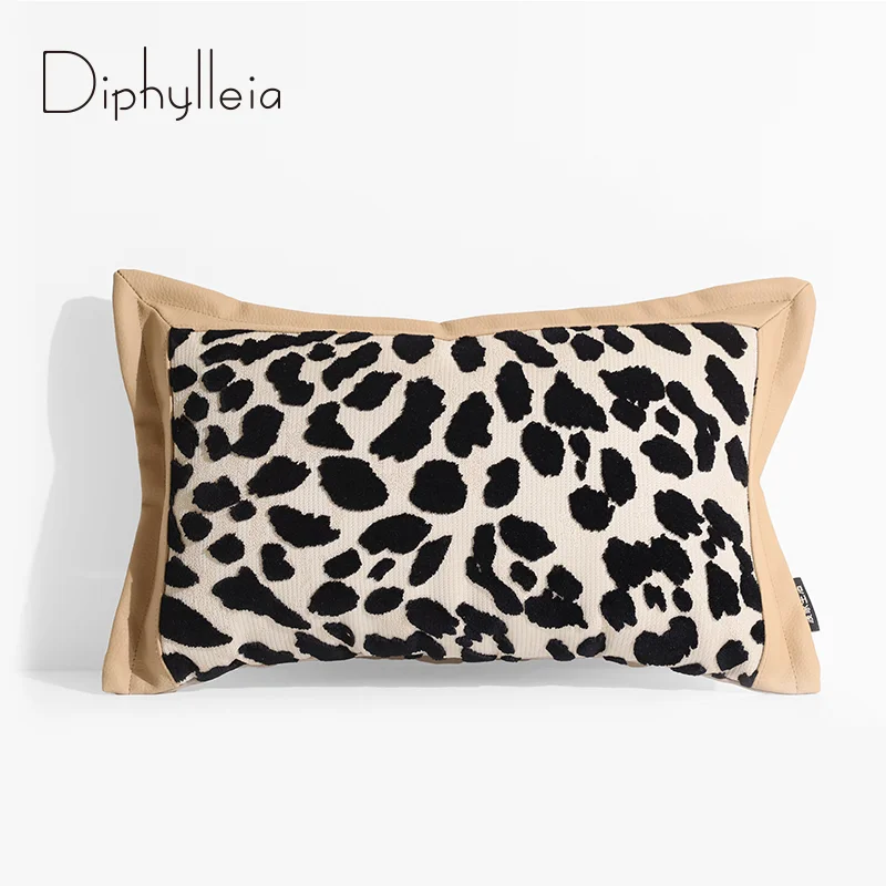 Diphylleia Luxury Bold Leopard Dots Jacquard Cushion Cover With Leather Piped Border Distinctive Aesthetic Lumbar Pillow Case