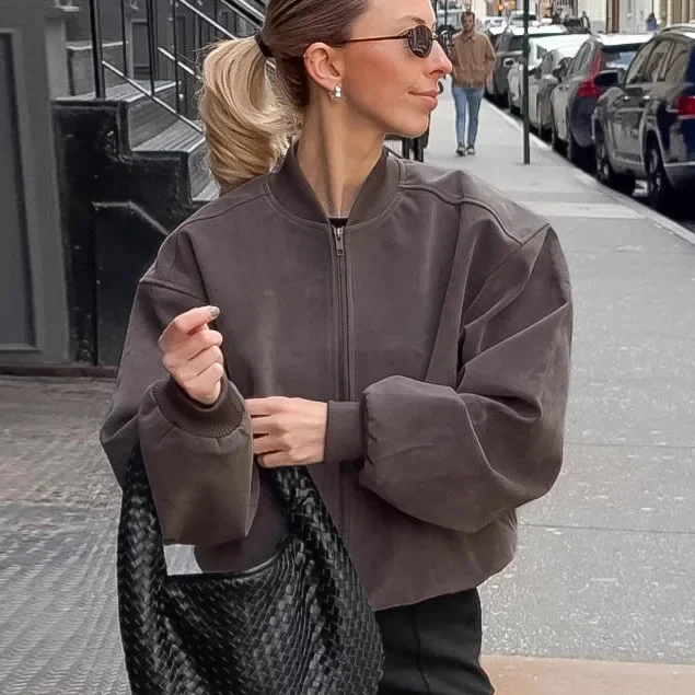 Vintage femmes coupe ample daim Bomber veste manteaux manches ballon fermeture éclair automne hiver manteau mode Streetwear vêtements d'extérieur