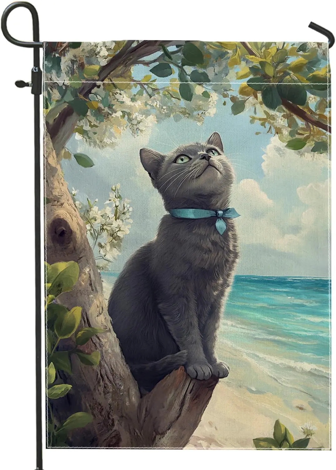 Summer Gray Cat Garden Flag, Ribbons Feline Wall Decor Outdoor Banner, Double Sided Burlap Yard Flag Beach Home Decoration 1 PPZ