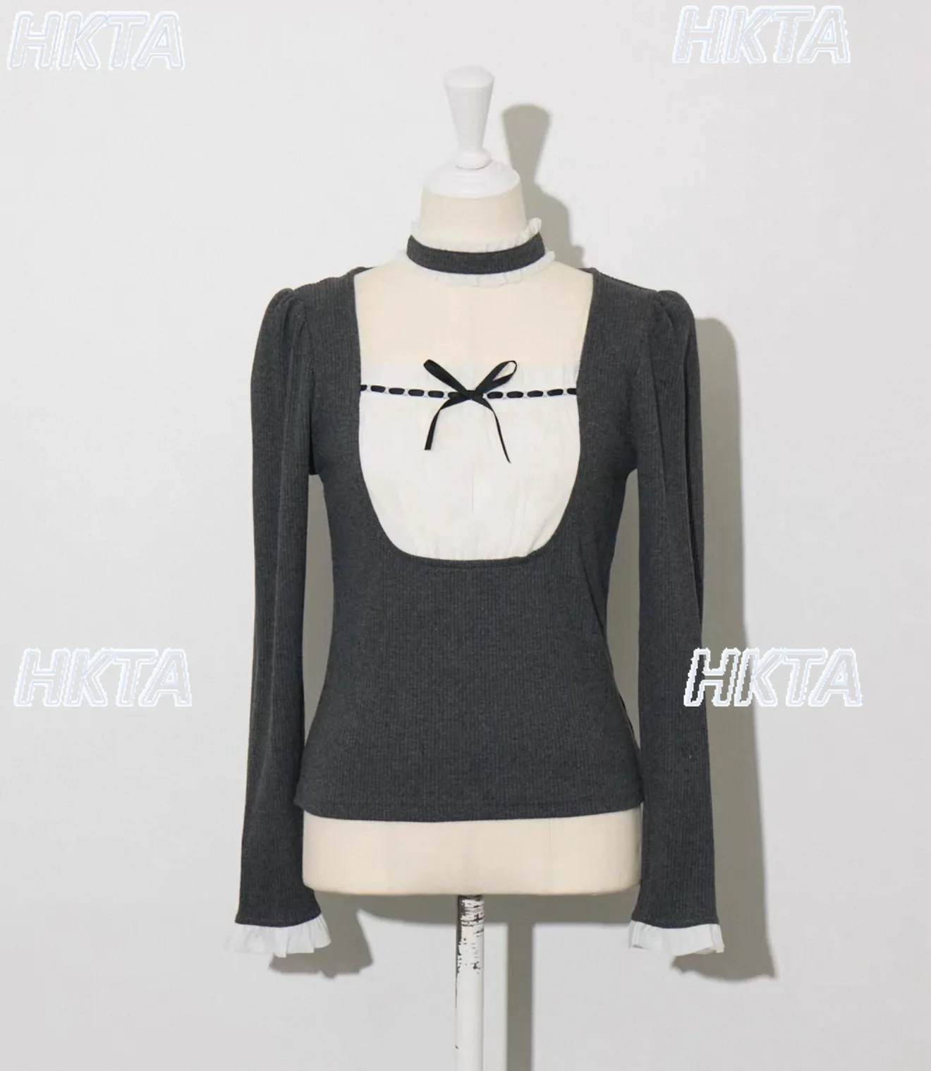 Japanese 2025 Commuter Autumn Winter Long Sleeve Square Neck Pleated Bow Slim Fit Black T Shirts Splicing Waist Tshirt Top Women