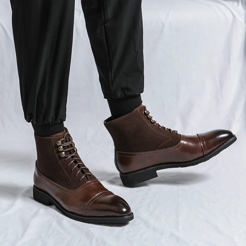 Men Lace Up Point Toe Dress Boots Work Office Dress Shoes