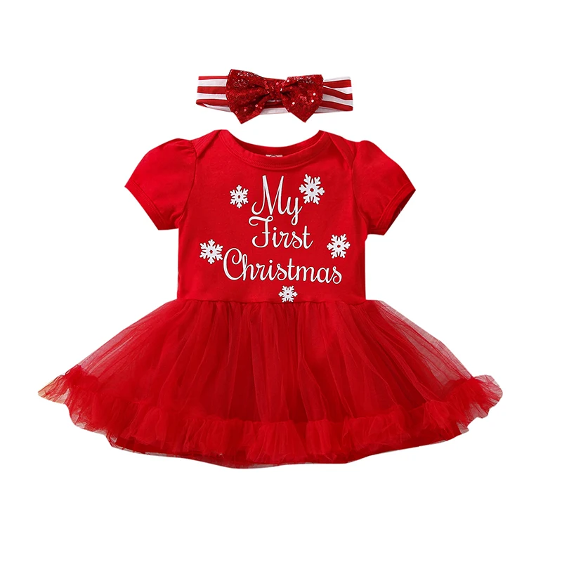 Infant Baby Girl s Christmas Romper Short Sleeve Round Neck Letter Snowflake Print Dress Jumpsuit Sequin Bow Headband